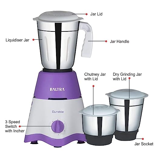 Baltra Durable 3 jar Mixer Grinder BMG-124 (500Watt) purple(ISI Certified, 2year warranty with Doorstep Service) Baltra Durable 3 jar Mixer Grinder BMG-124 (500Watt) purple(ISI Certified, 2year warranty with Doorstep Service)